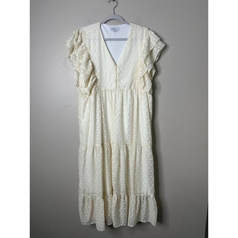 Polagram Ivory Maxi Dress Size Large Boho Fairy Tiered Ruffle Flowy Cottagecore‎